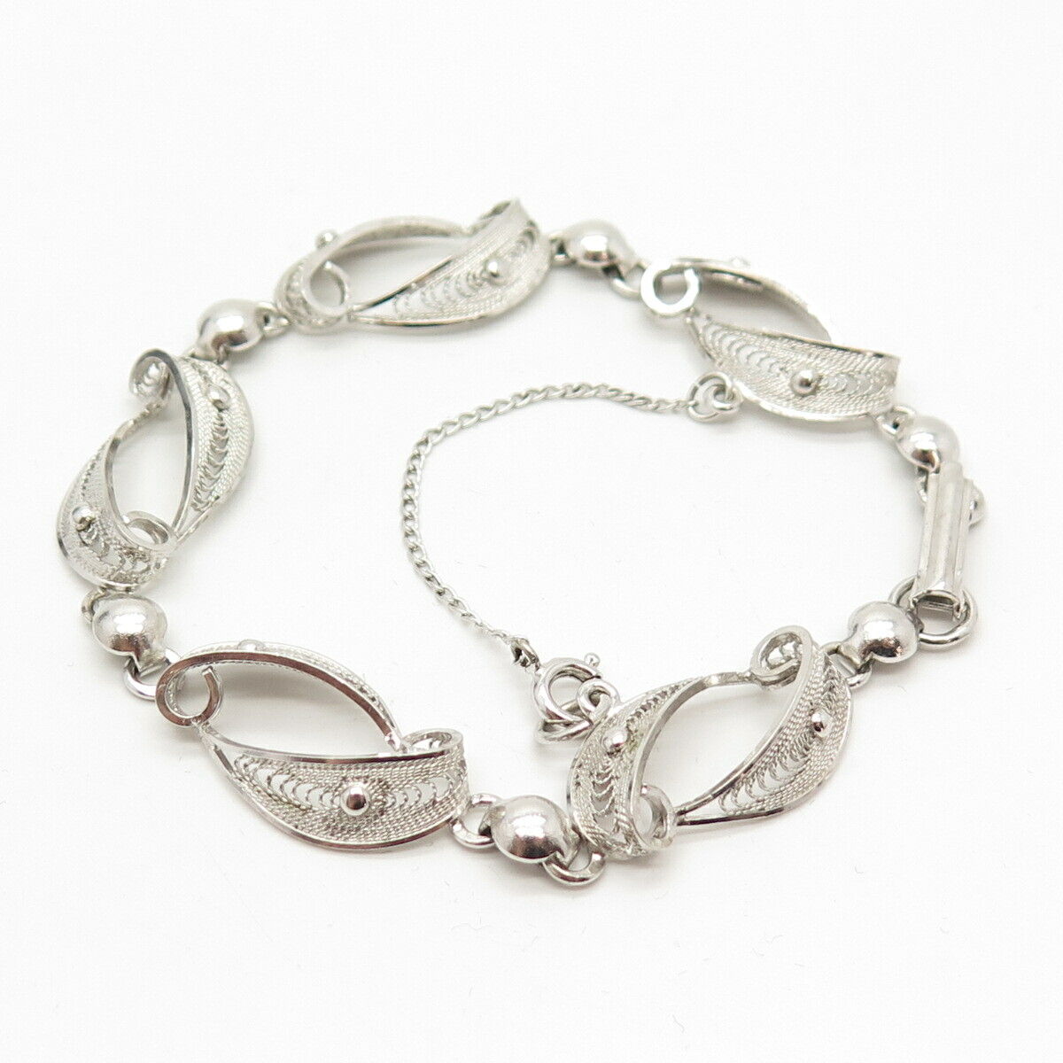 925 Sterling Silver Vintage Bead & Leaves Link Bracelet 6 3/4"