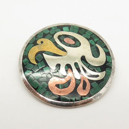 925 Sterling Silver 3-Tone Vintage Mexico Malachite Gem Tribal Pin Brooch