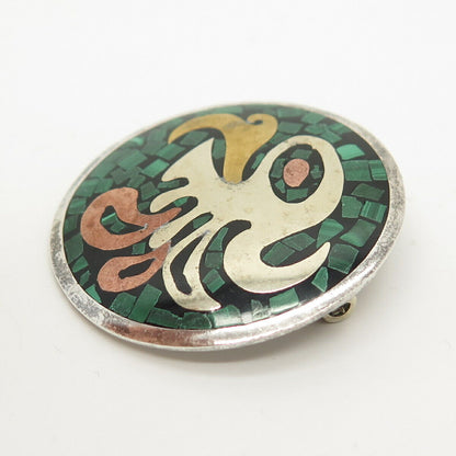 925 Sterling Silver 3-Tone Vintage Mexico Malachite Gem Tribal Pin Brooch