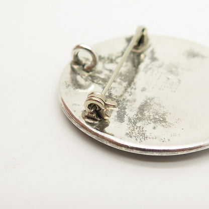 925 Sterling Silver 3-Tone Vintage Mexico Malachite Gem Tribal Pin Brooch