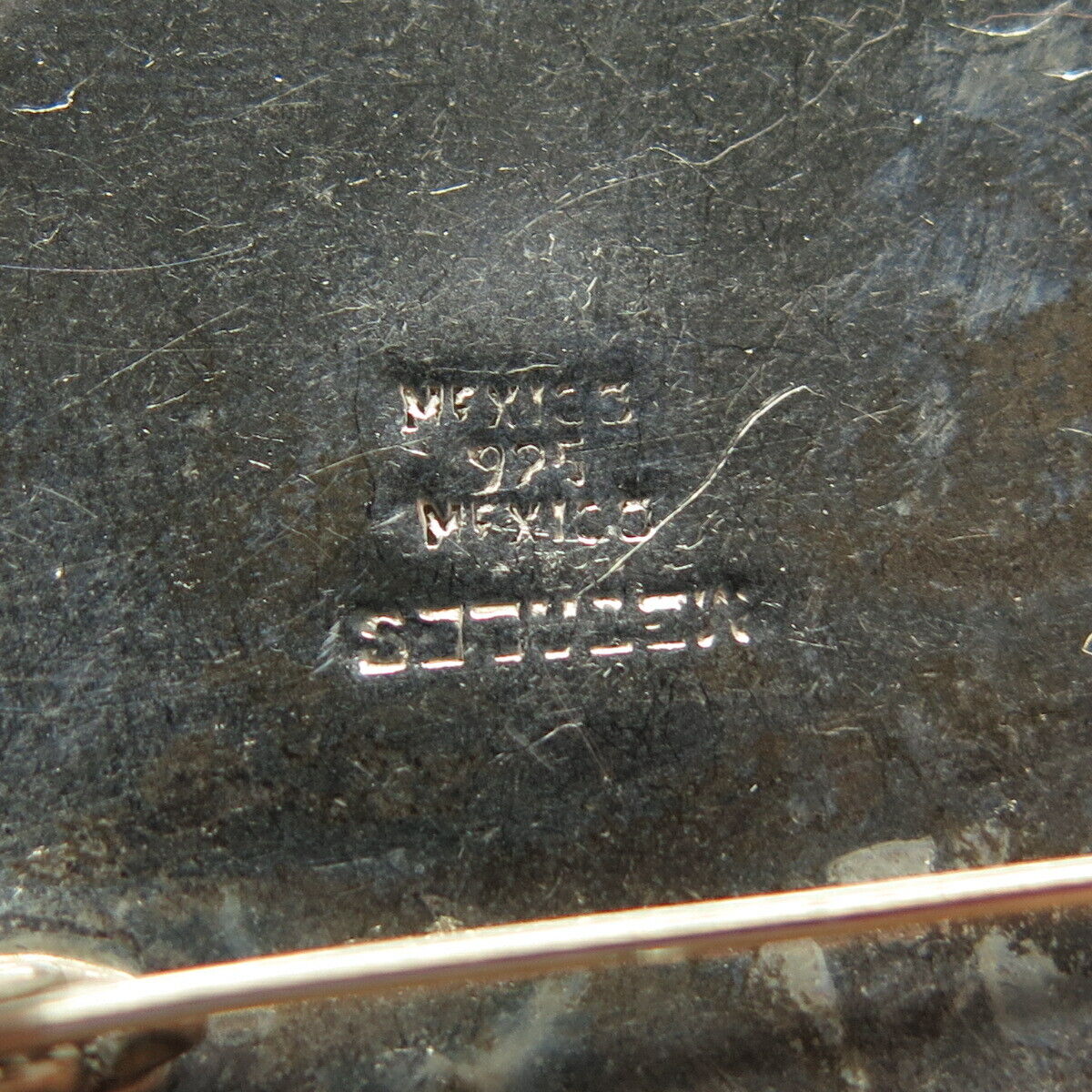 925 Sterling Silver 3-Tone Vintage Mexico Malachite Gem Tribal Pin Brooch