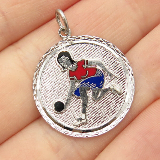 925 Sterling Silver Vintage Geronimo Enamel Girl & Ball Round Pendant