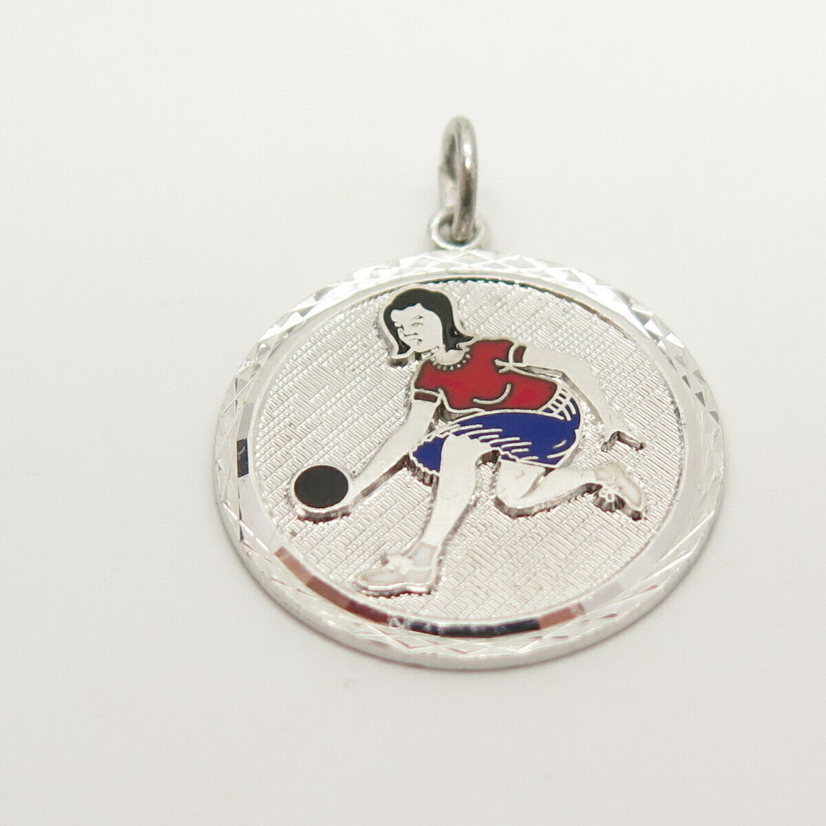 925 Sterling Silver Vintage Geronimo Enamel Girl & Ball Round Pendant