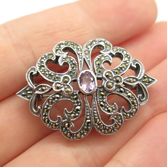 925 Sterling Silver Vintage Amethyst & Marcasite Gemstone Boho-Style Pin Brooch