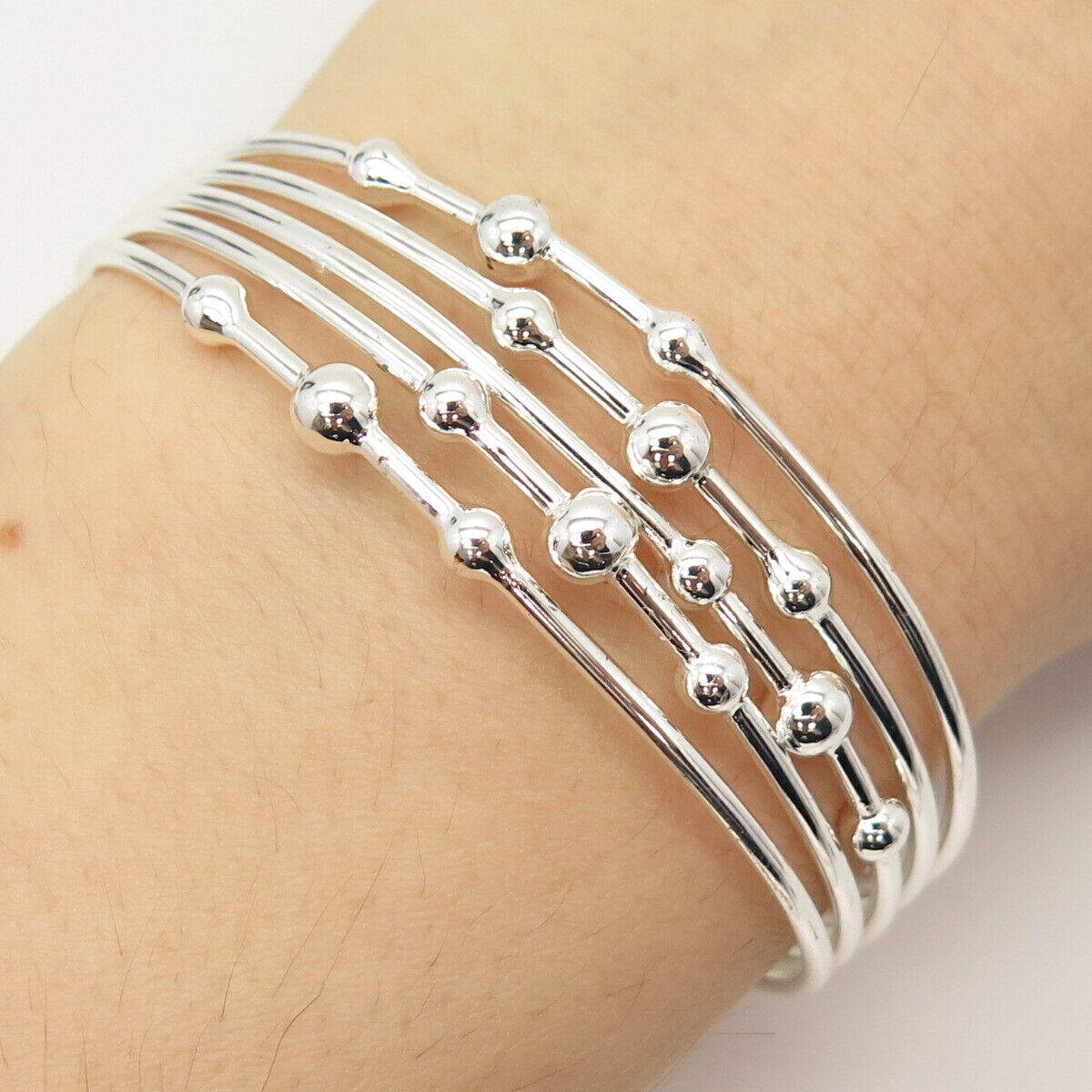 925 Sterling Silver Bead Multi-Row Cuff Bracelet 7"