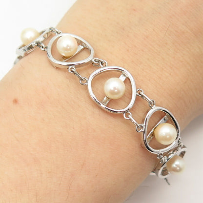 925 Sterling Silver Antique Real Pearl Oval Fancy Link Bracelet 6 1/4"