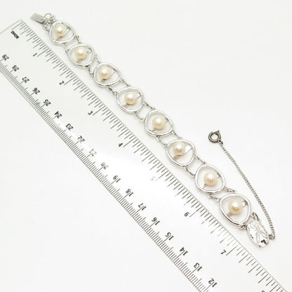 925 Sterling Silver Antique Real Pearl Oval Fancy Link Bracelet 6 1/4"