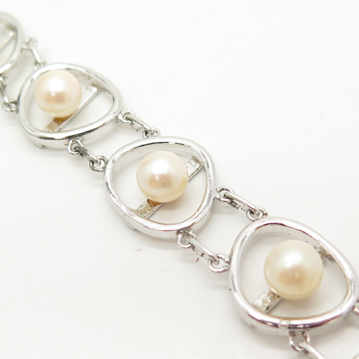 925 Sterling Silver Antique Real Pearl Oval Fancy Link Bracelet 6 1/4"