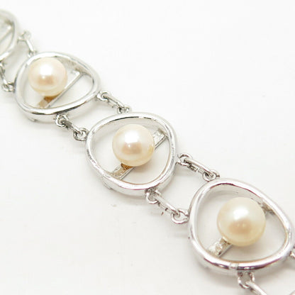 925 Sterling Silver Antique Real Pearl Oval Fancy Link Bracelet 6 1/4"