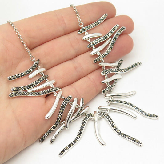 925 Sterling Silver Vintage Real Marcasite Gem Tribal Rolo Chain Necklace 15"