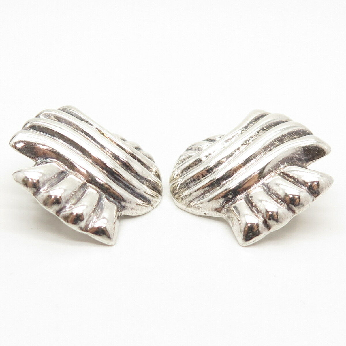 925 Sterling Silver Vintage Mexico Ribbed Hollow Clip On Earrings