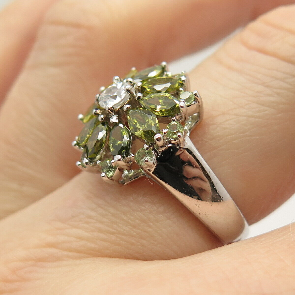 925 Sterling Silver White & Lime Citrine-Tone C Z Ring Size 8