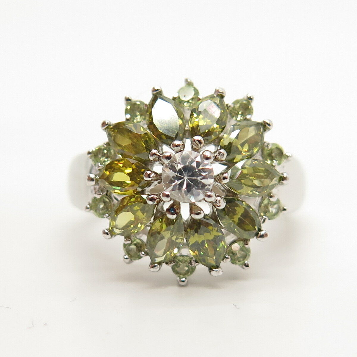 925 Sterling Silver White & Lime Citrine-Tone C Z Ring Size 8