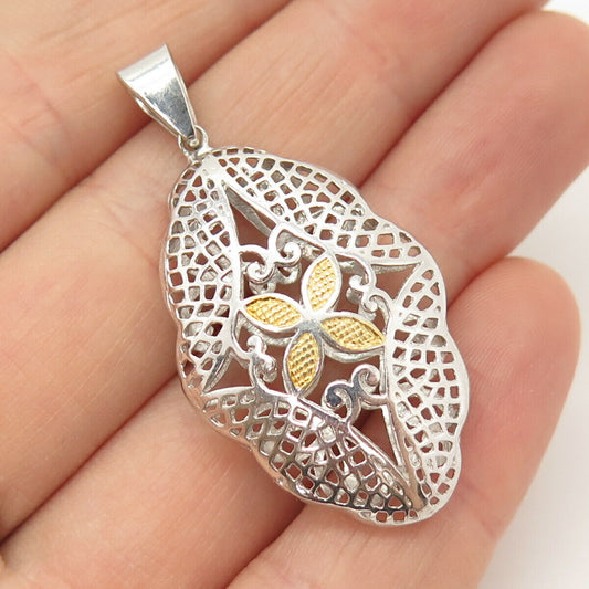 925 Sterling Silver 2-Tone Ornate Floral Pendant