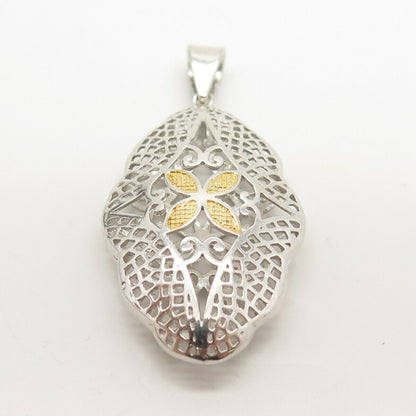 925 Sterling Silver 2-Tone Ornate Floral Pendant