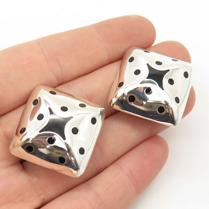 925 Sterling Silver Vintage Mexico Black Onyx Gem Polka Dot Clip On Earrings