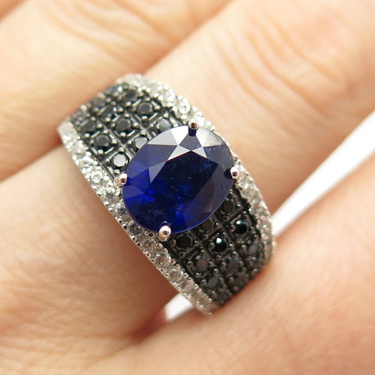 925 Sterling Silver Lab-Created Sapphire Melanite Gem & C Z Ring Size 11 1/4