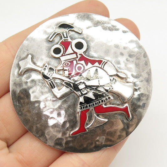 925 Sterling Silver Vintage Enamel Tribal God Round Pin Brooch