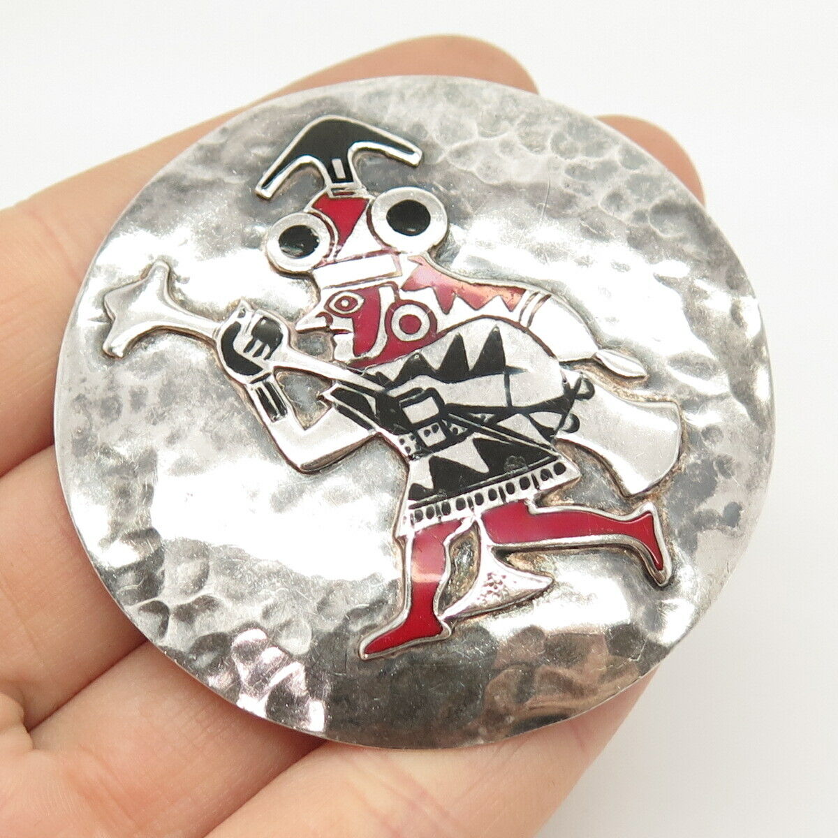 925 Sterling Silver Vintage Enamel Tribal God Round Pin Brooch