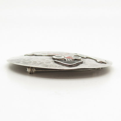 925 Sterling Silver Vintage Enamel Tribal God Round Pin Brooch