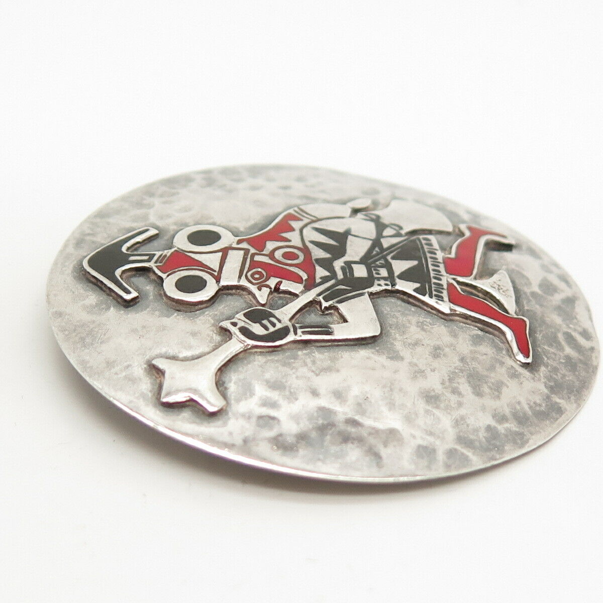 925 Sterling Silver Vintage Enamel Tribal God Round Pin Brooch