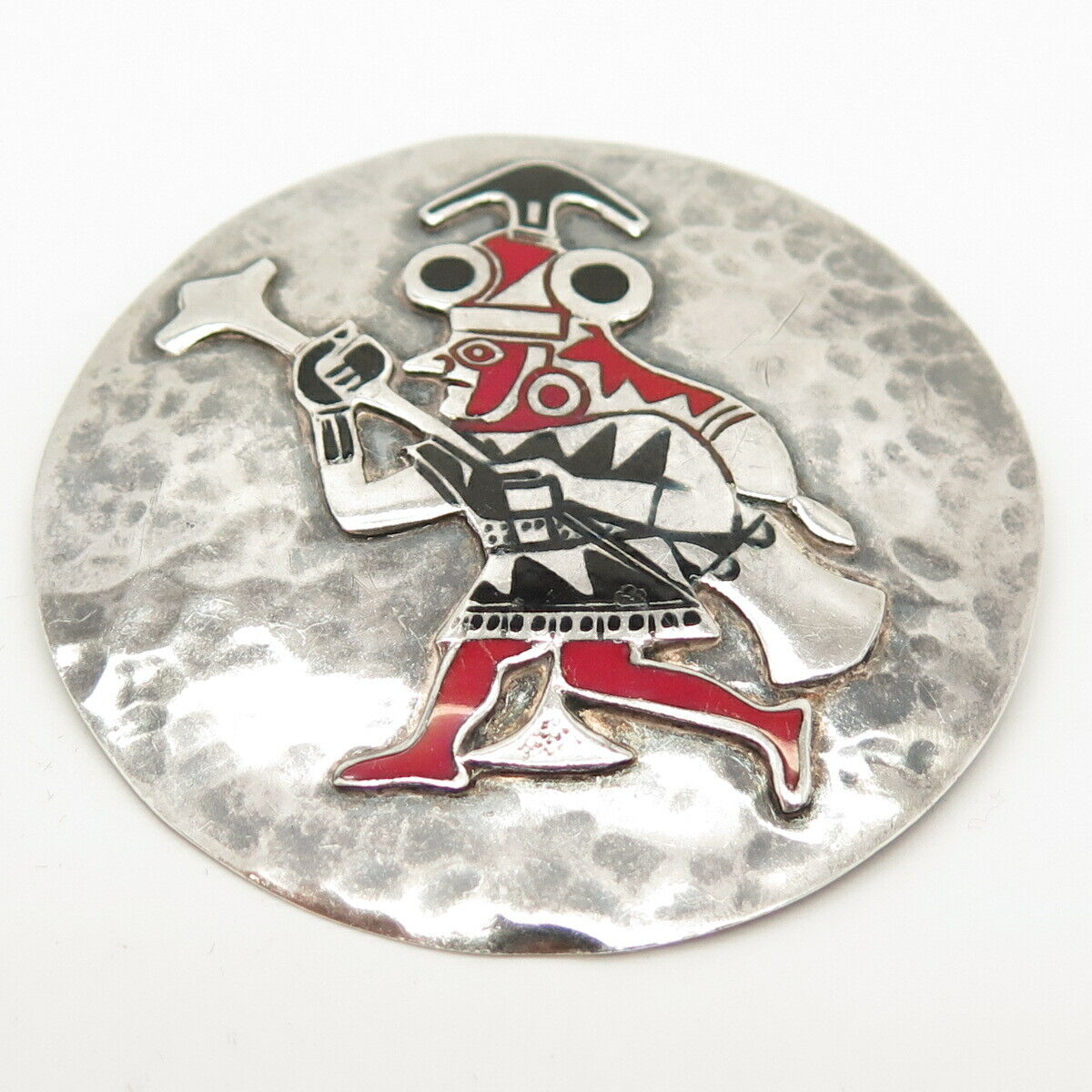 925 Sterling Silver Vintage Enamel Tribal God Round Pin Brooch