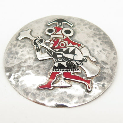 925 Sterling Silver Vintage Enamel Tribal God Round Pin Brooch