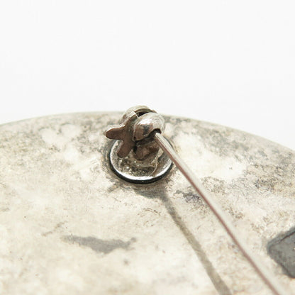 925 Sterling Silver Vintage Enamel Tribal God Round Pin Brooch