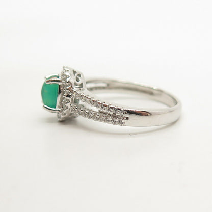 925 Sterling Silver White C Z & Green Glass Ring Size 5 1/4