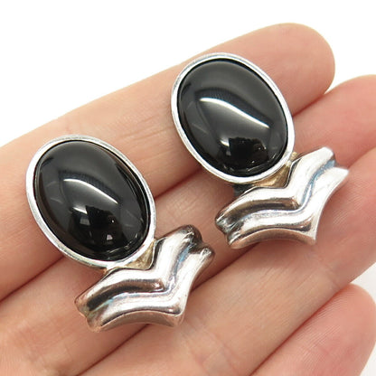 925 Sterling Silver Vintage Mexico Black Onyx Gem Ribbed Clip On Earrings