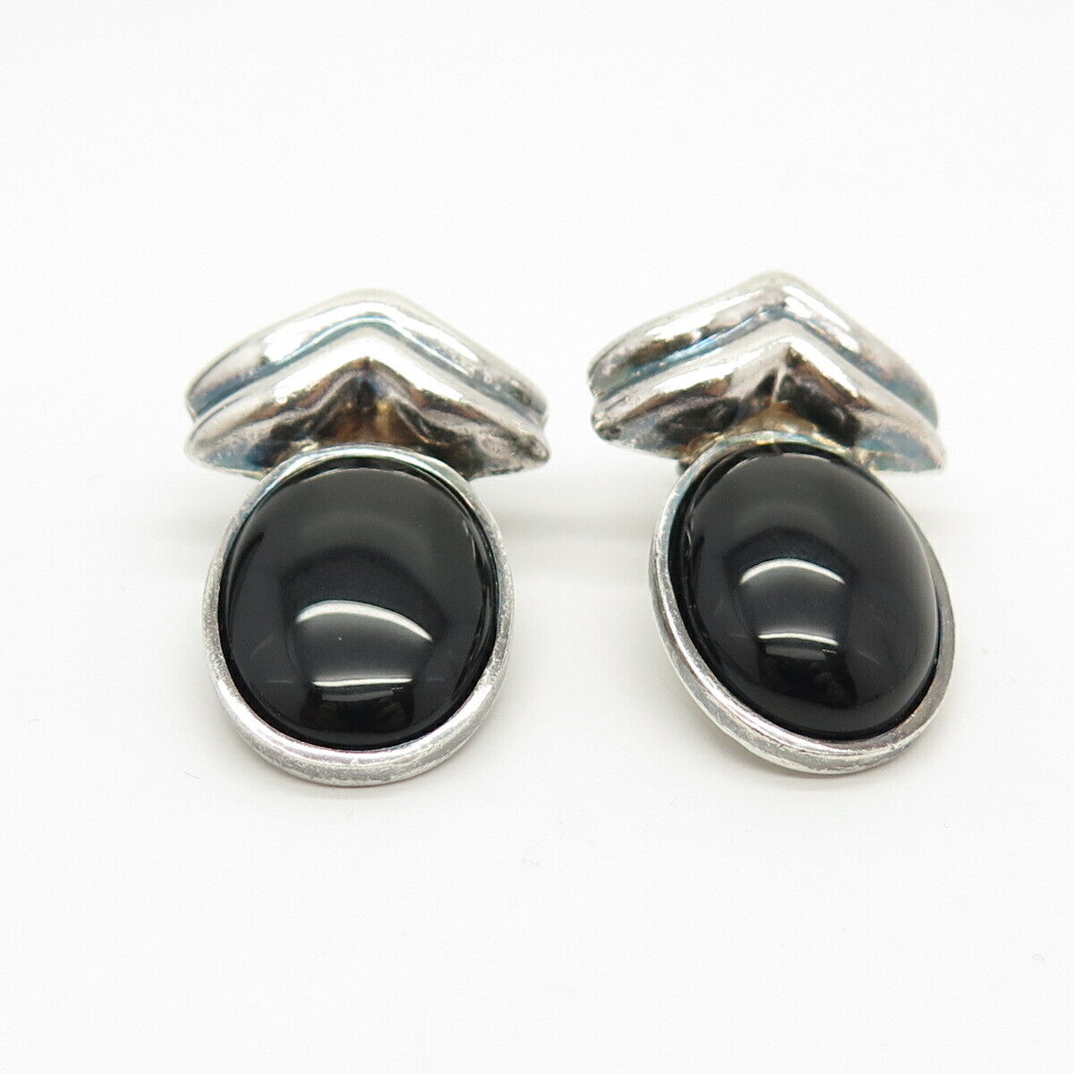 925 Sterling Silver Vintage Mexico Black Onyx Gem Ribbed Clip On Earrings