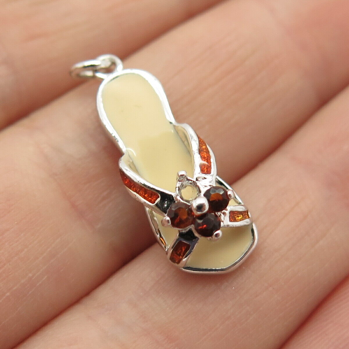 925 Sterling Silver Cognac-Tone C Z & Enamel Flip-Flop Shoe Charm Pendant