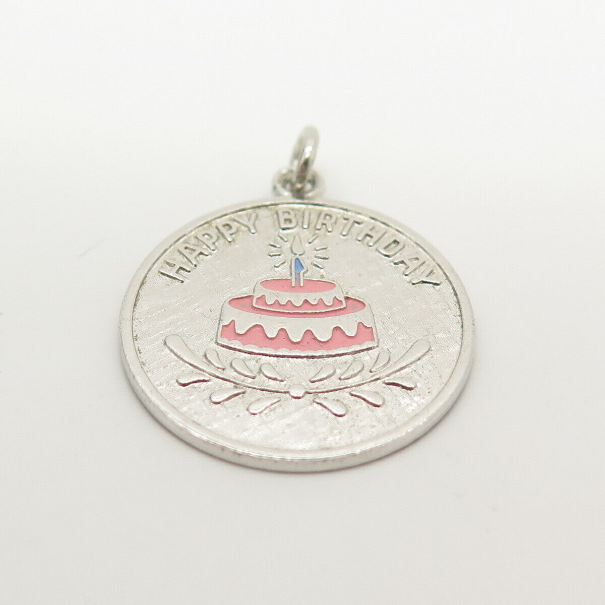 925 Sterling Silver Vintage Wells Enamel "Happy Birthday" Cake Pendant