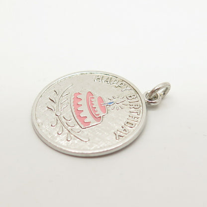 925 Sterling Silver Vintage Wells Enamel "Happy Birthday" Cake Pendant