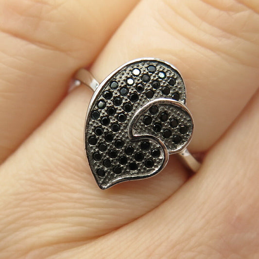 925 Sterling Silver Real Melanite Gemstone Abstract Heart Ring Size 5.5