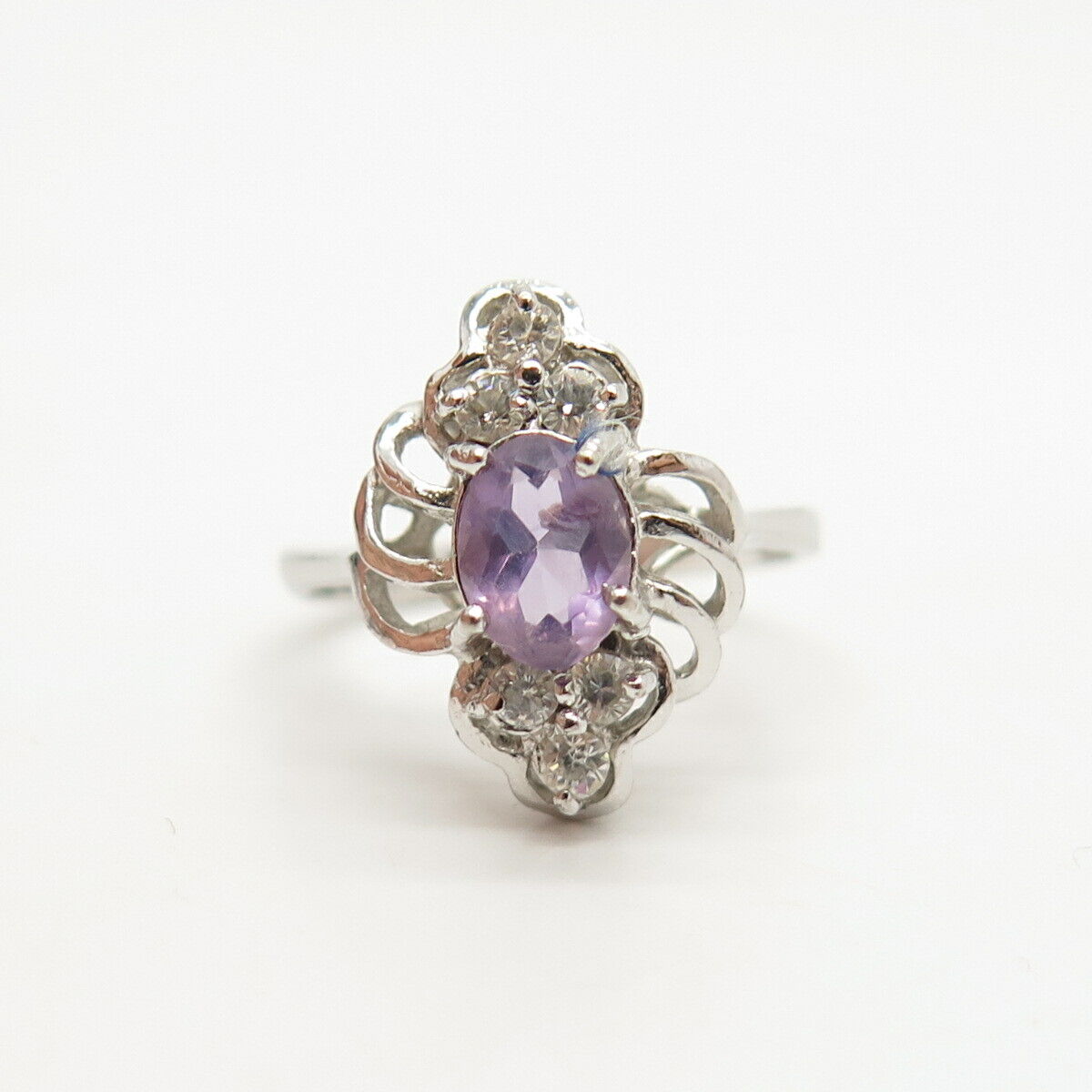 925 Sterling Silver Real Amethyst Gemstone & C Z Ring Size 5 3/4