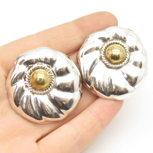 925 Sterling Silver 2-Tone Vintage Mexico Floral Clip On Earrings