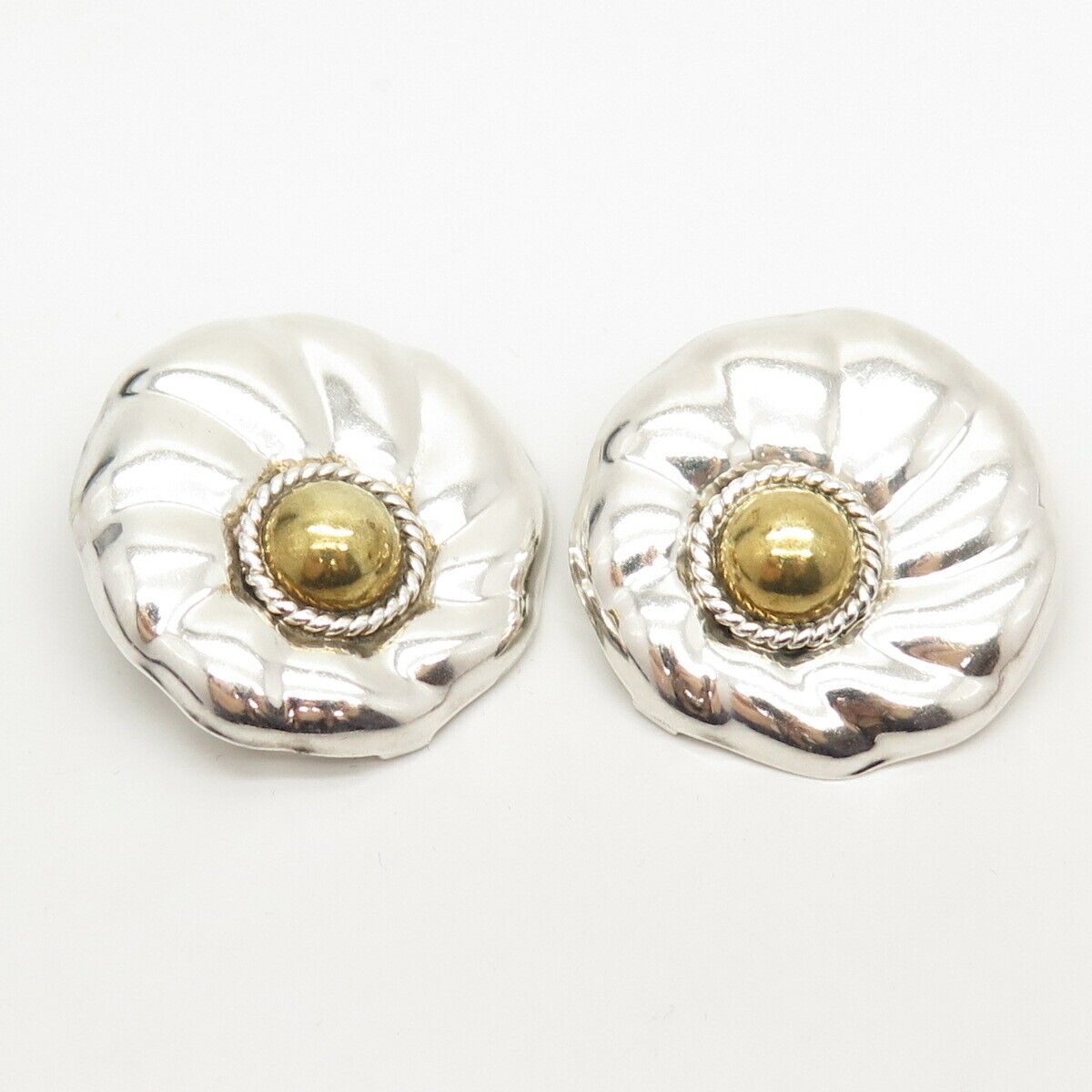 925 Sterling Silver 2-Tone Vintage Mexico Floral Clip On Earrings