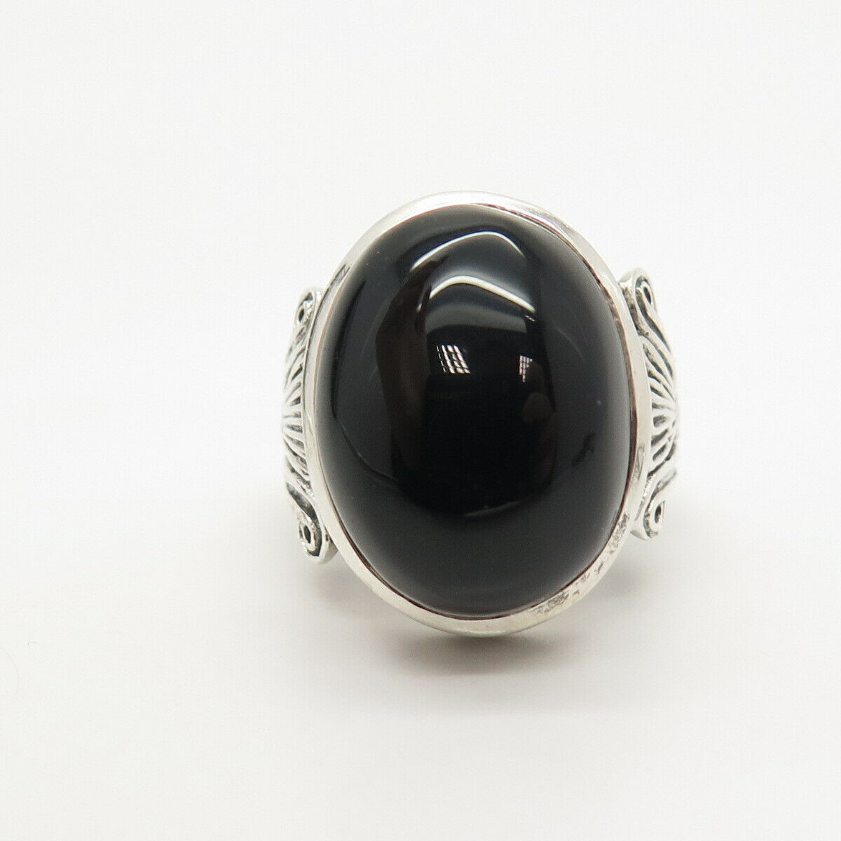 925 Sterling Silver Real Black Onyx Gemstone Ornate Ring Size 7 1/4