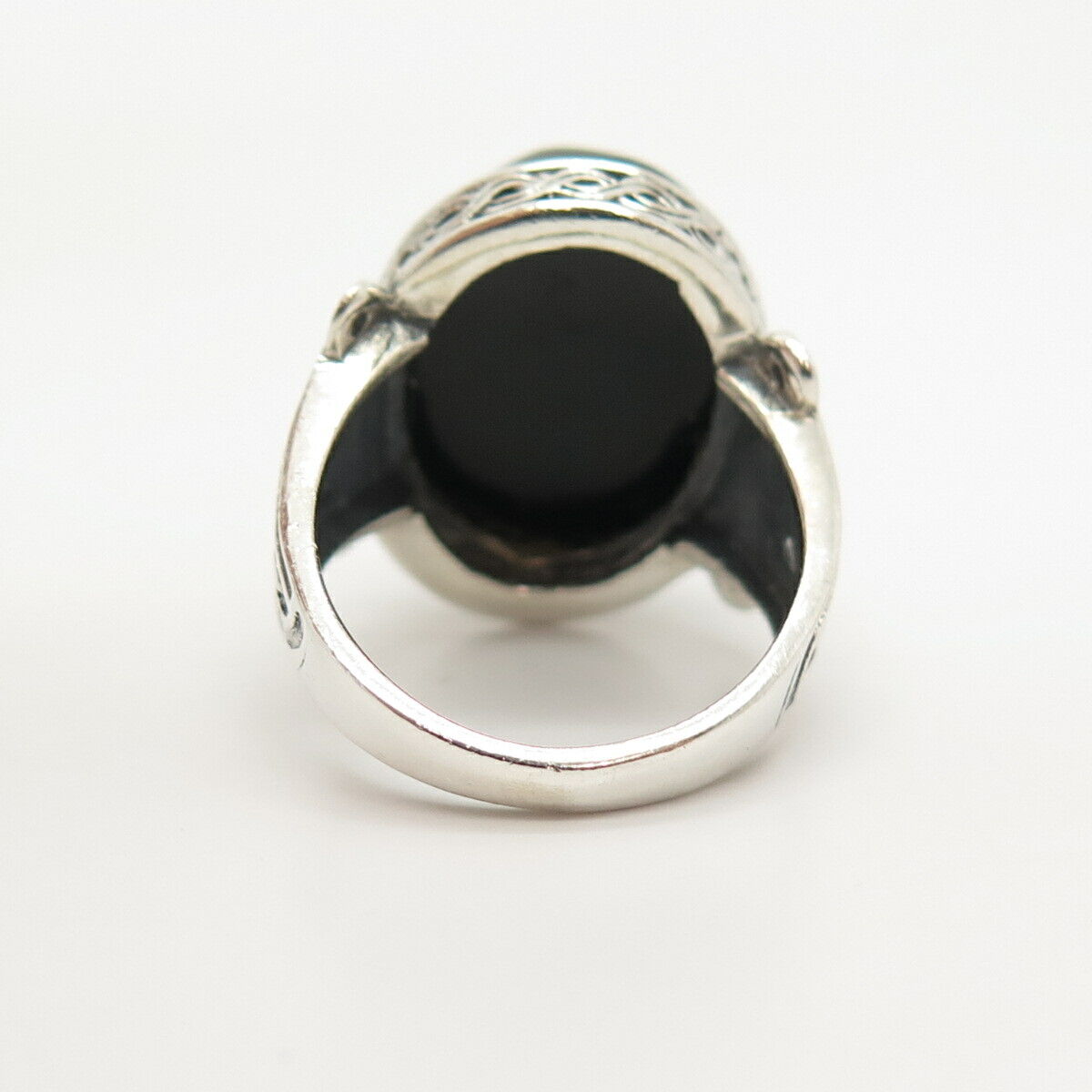 925 Sterling Silver Real Black Onyx Gemstone Ornate Ring Size 7 1/4