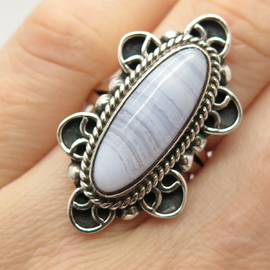 925 Sterling Silver Vintage Real Agate Gem Statement Ring Size 6 3/4