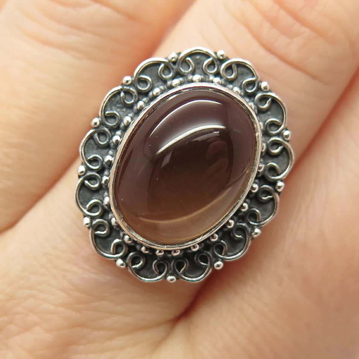 925 Sterling Silver Vintage Real Smoky Quartz Gem Ring Size 8 3/4