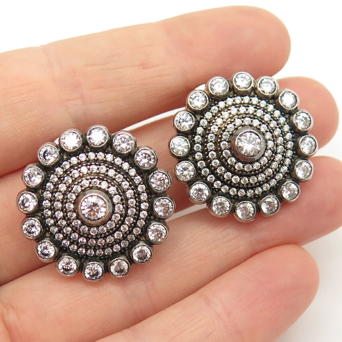 925 Sterling Silver Vintage Round-Cut C Z Floral Earrings