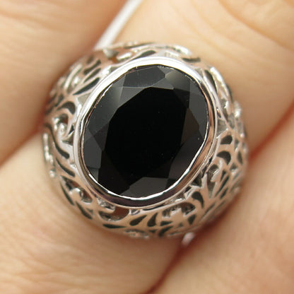 925 Sterling Silver Real Melanite Gem & Enamel Ring Size 7.5