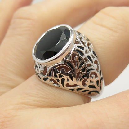 925 Sterling Silver Real Melanite Gem & Enamel Ring Size 7.5