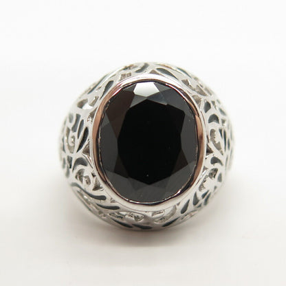 925 Sterling Silver Real Melanite Gem & Enamel Ring Size 7.5