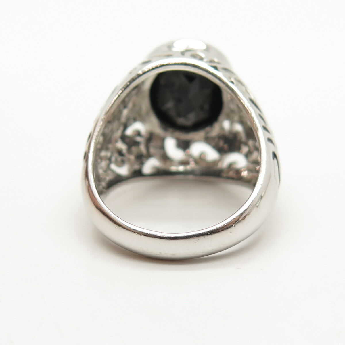 925 Sterling Silver Real Melanite Gem & Enamel Ring Size 7.5