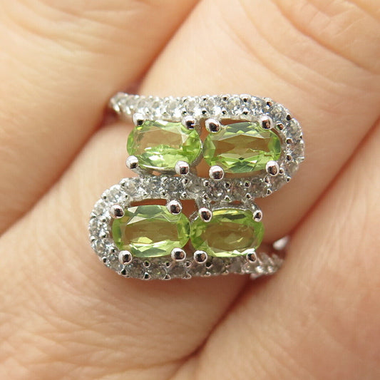 925 Sterling Silver Real White Topaz Emerald & Peridot Gem Wavy Ring Size 7 3/4