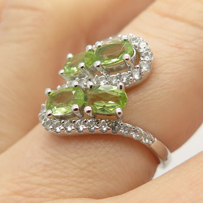 925 Sterling Silver Real White Topaz Emerald & Peridot Gem Wavy Ring Size 7 3/4