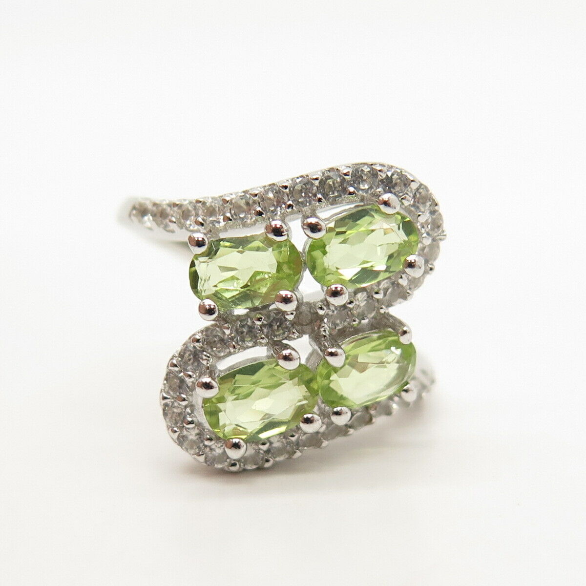 925 Sterling Silver Real White Topaz Emerald & Peridot Gem Wavy Ring Size 7 3/4